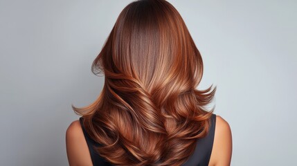 Naklejka premium Beautiful model girl with Brown hair strand,silky healthy chestnut wavy hair strand,hair wavy ribbon, with smooth,Keratin straightening,Treatment,straight long hair,procedures,Smooth hairstyle.