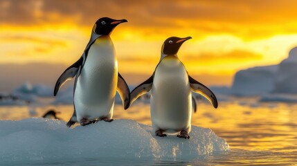 Fototapeta premium The mesmerizing scene captures a group of penguins gracefully waddling on a pristine iceberg bathed in the warm hues of the setting sun