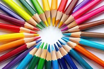 Fototapeta premium Close-up shot: a circle of brightly colored pencils, a captivating arrangement of art supplies.