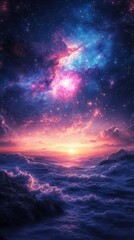 Fototapeta premium A vibrant cosmic scene with swirling galaxies and a colorful sunset over a tranquil ocean.