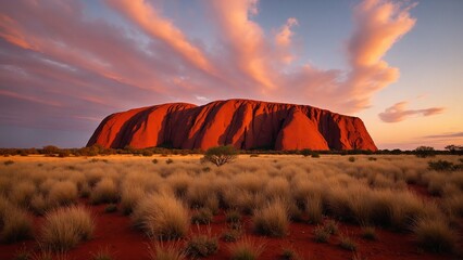 Uluru at sunset, showcasing the iconic sandstone monolith bathed in warm hues of orange, red, and purple