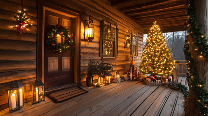 Fototapeta premium Rustic porch glowing with garland, warm lanterns, and a twinkling Christmas tree beside a wreath-covered door