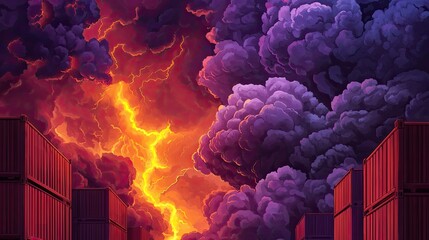 A vivid scene of stormy skies illuminated by lightning, with dark clouds and shipping containers framing the chaotic atmosphere.