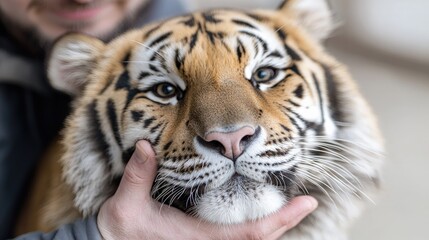 Obraz premium A close-up portrait of a Siberian tiger head being gently cradled by a human hand under its chin.