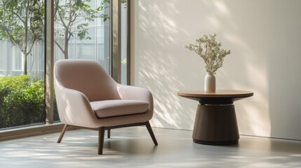 Minimalist modern lounge with clean, spacious design. Featuring sleek furniture and soft colors