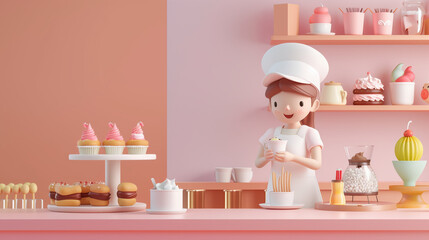 Charming Bakery Illustration with Cute Baker Character, Pastries, and Desserts in a Pink Pastel Setting