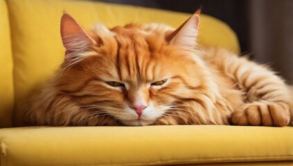 Funny red-haired cat sleeps comfortably on a yellow sofa
