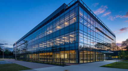 Fototapeta premium Modern Glass Facade Building at Twilight