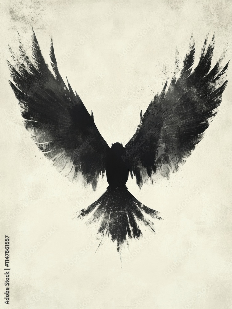 Poster dark silhouette of a bird in flight with outstretched wings against a textured backdrop. generative 