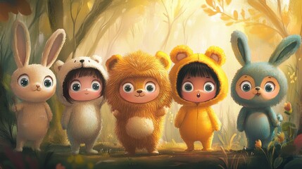 Obraz premium Children Dressed As Adorable Forest Animals In A Sunny Grove