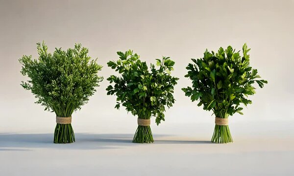 Three vibrant green herb bundles arranged aesthetically for culinary presentation.