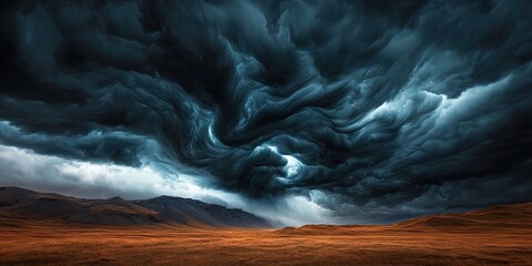 A dramatic sky filled with swirling dark clouds looms over a barren landscape, creating an intense and atmospheric scene.