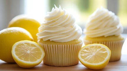 A photo of lemon cupcakes with white frosting on top, sitting next to halved lemons and a wooden board. The background is blurred with soft lighting. 