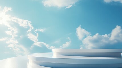 3D white cylindrical podium with cloud on sky,cotton candy and fluffy product display background,exhibition gallery display,vector,Product presentation realistic podium,platform,space for text.