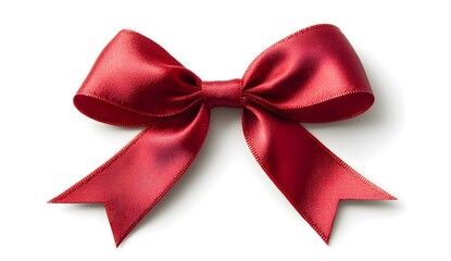 A red ribbon bow, isolated on a white background, with a simple and clean, minimal design. Captured with studio lighting, this high-resolution photograph is insanely detailed, showcasing the 