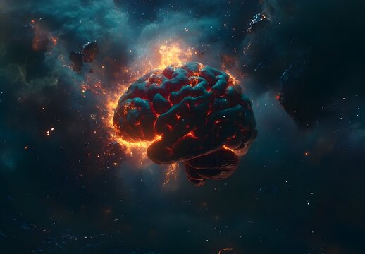 An exploding fireball of burning brain matter, dark background, hyperrealistic 
