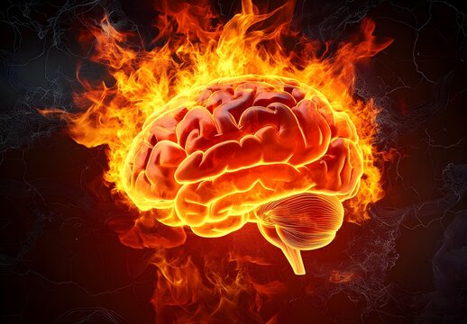An exploding fireball of burning brain matter, dark background, hyperrealistic 