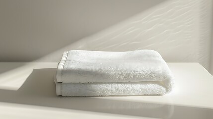 Fototapeta premium A white cotton towel neatly folded, sitting on a flat white surface with soft shadows on either side.