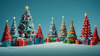 A whimsical forest of cartoon Christmas trees, adorned with colorful ornaments and surrounded by piles of presents, all set against a serene light blue background.