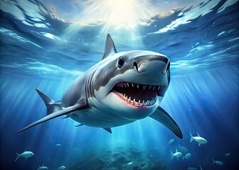 Jaws of a massive, 3D-rendered Great White Shark; a breathtaking panoramic underwater wildlife photography scene.