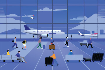 A vibrant, bustling airport terminal interior, showcasing passengers rushing, baggage carts, and airplanes visible through large windows on the tarmac.