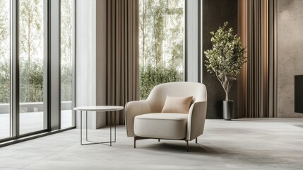 Minimalist modern lounge with clean, stylish decor. Featuring sleek lines and muted tones