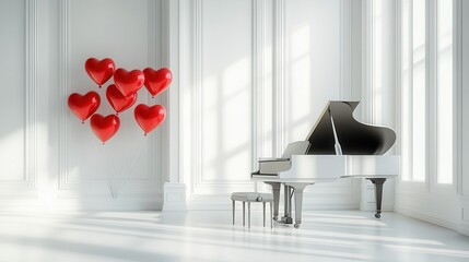 The Grand Black piano in hall, red background,valentine day,player keyboard musician artist concert concept,copy space.