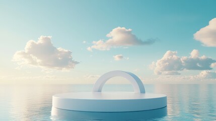 Naklejka premium 3D white cylindrical podium with cloud on sky,cotton candy and fluffy product display background,exhibition gallery display,vector,Product presentation realistic podium,platform,space for text.