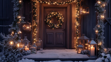 Fototapeta premium Cozy entrance adorned with frosty garlands, glowing lanterns, and a rustic wooden wreath with silver accents