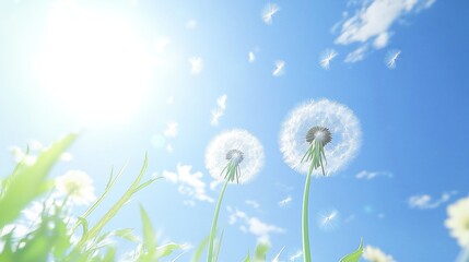 Two dandelions with seeds blowing in the wind under a bright sunny sky.