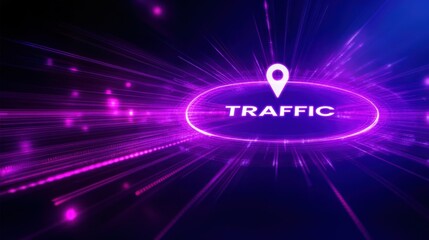 Abstract purple background with bold glowing text traffic and light effects, emphasizing real time traffic updates, road traffic, and current traffic alertsm