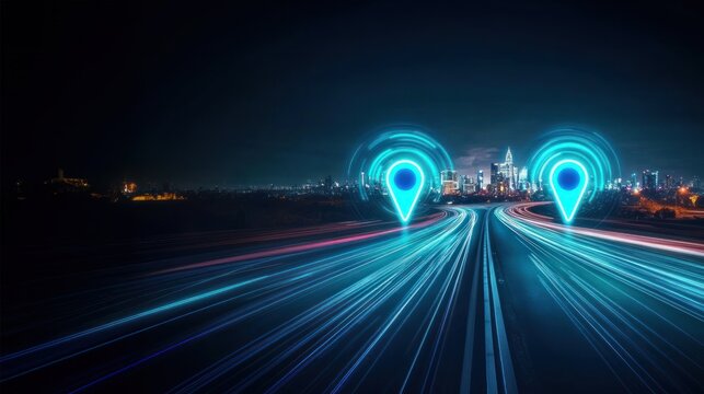 Two glowing blue location pins on a road with connected glowing lines, representing real time traffic updates and road navigation alertsm, Modern traffic technology conceptm