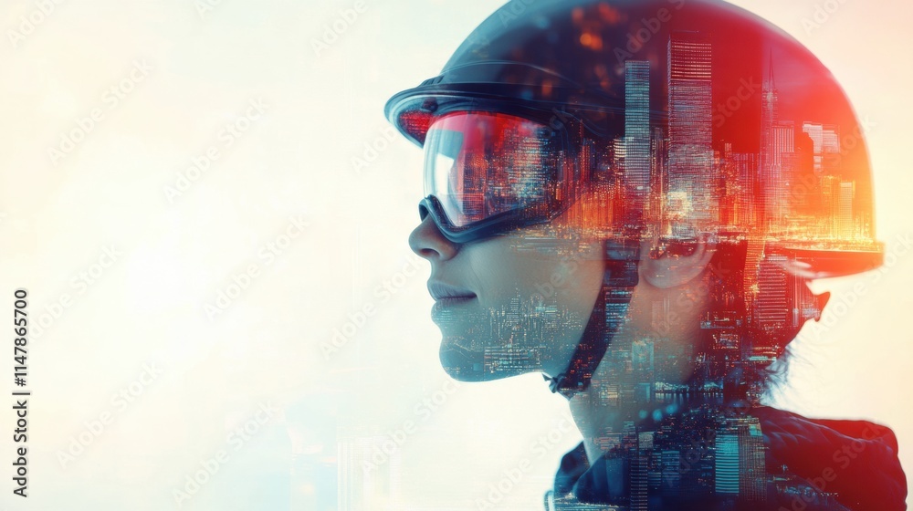 Aufkleber profile of a helmeted person in goggles with an abstract city backdrop highlighting innovation and s