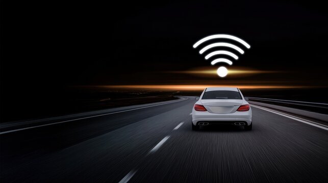 A white car driving on a road with a glowing wireless symbol above, representing real time traffic updates, road alerts, and connected navigation systemsm