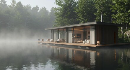 Modern Lake House in Misty Forest Luxury Waterfront Retreat