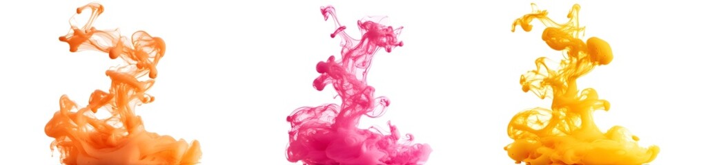 Fototapeta premium Set of colorful pink and yellow smoke-like effects in water, isolated on a white background. Vibrant color splashes, paint splashes, and pink and orange ink clouds. 