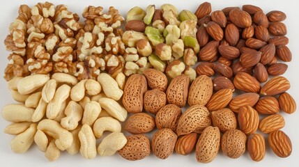 Obraz premium A vibrant assortment of various nuts, including walnuts, cashews, almonds, and pistachios, neatly arranged in rows, showcasing their rich textures and colors.