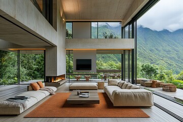 Fototapeta premium Modern Living Room with Panoramic Views and Indoor Pool.