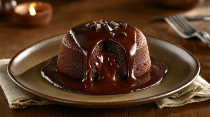 A rich chocolate dessert oozing with melted chocolate sauce, served on a rustic plate, perfect for indulgent occasions.