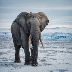 Obraz premium An elephant walking through a serene white and blue arctic tundra.