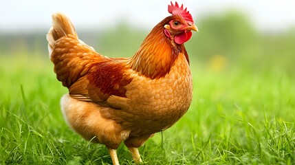 Fototapeta premium A Brown Hen Stands in Lush Green Grass