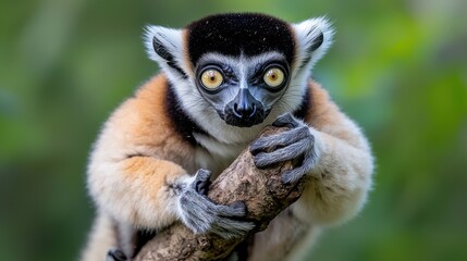 Obraz premium The indri lemur, known for its striking black and white fur, sits perched on a sturdy tree branch, its large golden eyes scanning the surrounding forest with an air of curiosity and intelligence