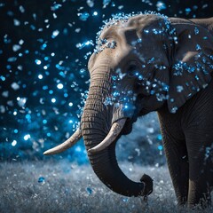 A majestic elephant surrounded by white and blue glowing crystals.