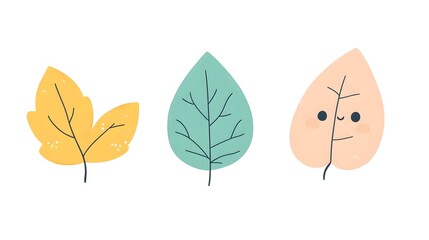 Three stylized leaves display diverse colors and expressions