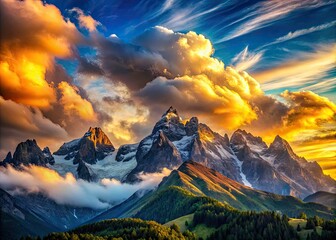 Fototapeta premium Soaring 4K timelapse reveals majestic mountain peaks, dramatic cloudscapes, and breathtaking aerial views.