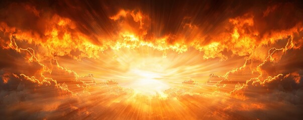 Naklejka premium A dramatic sunset with fiery clouds illuminates the sky, creating a breathtaking display of orange and gold hues.