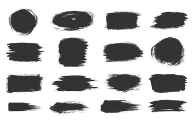 Black ink brush strokes set. Various shapes grunge rectangles circles irregular forms. Rough paint edges textured surfaces uneven patterns bold smears. Dynamic lines messy smudges sharp raw details