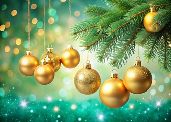 Golden Christmas Ornaments Bokeh Background, Festive Banner, Xmas Tree Branch, Mint Green Holiday Card