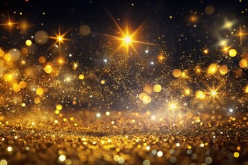 Obraz premium Golden Dust Particles, Abstract Background, Black Space, Shining Flare, Bokeh, Glittering, Futuristic, Gold Sparkle, Cosmic Dust