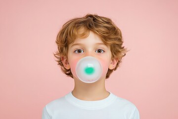 Young boy blowing a green bubble with chewing gum against a pink background